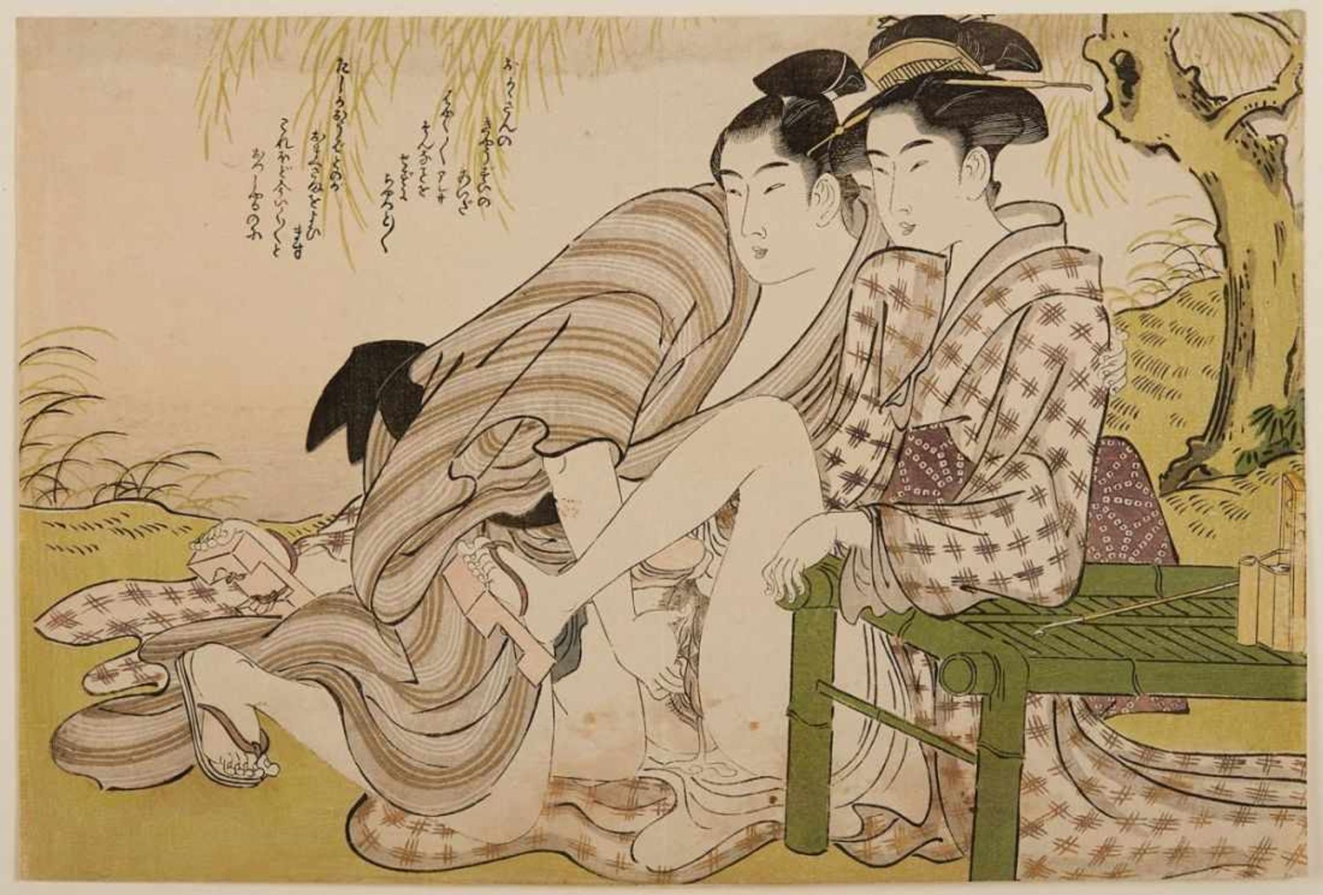 2 Farbholzschnitte Utamaro Kitawaga1753 - 1806 "Shunga" 21 x 26,4 und 21,5 x 31,8 cm, o. R. - Image 3 of 3