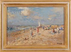 Gemälde Niek van der Plasgeb. 1954 "Sommerliche Strandszene mit Strandkörben und angelegten