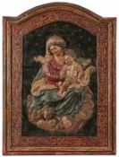 Pappmaché-Reliefbild Sakralmaler 18. Jh."Maria mit Kind auf der Wolkenbank" bemaltes Pappmaché 104 x