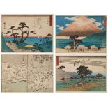 4 Farbholzschnitte Hiroshige Ando1797 - 1858 "Aus: Die 53 Stationen des Tokaido" 21 x 15,5 cm - 21 x