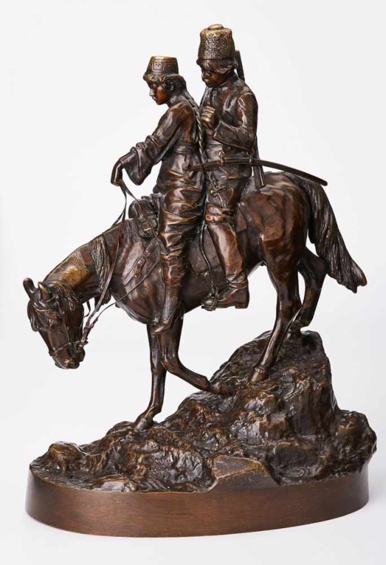 Bronze Albert Moritz Wolff(1854 Berlin - 1923 Lüneburg) "Junges Kosakenpaar auf Pferd reitend", um