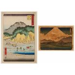 2 Farbholzschnitte Hiroshige Ando1797 - 1858 "Aus: Die 36 Ansichten des Berges Fuji" 17,5 x 25 cm u.