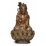 Guangyin auf Lotusthron, China wohl 17. Jh.Bronze mit Reste alter Vergoldung. Sitzende Göttin auf