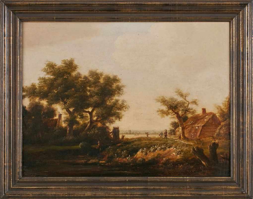 Gemälde Niederlande 17. Jh."Idyllische, niederländische Landschaft mit figürlicher Staffage" Öl/