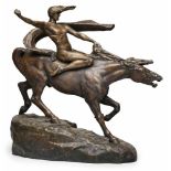 Art-Deco-Bronze Stephan Sinding (1846 - 1922) "Walkürenritt", dunkel patinierte Bronze. Auf einem
