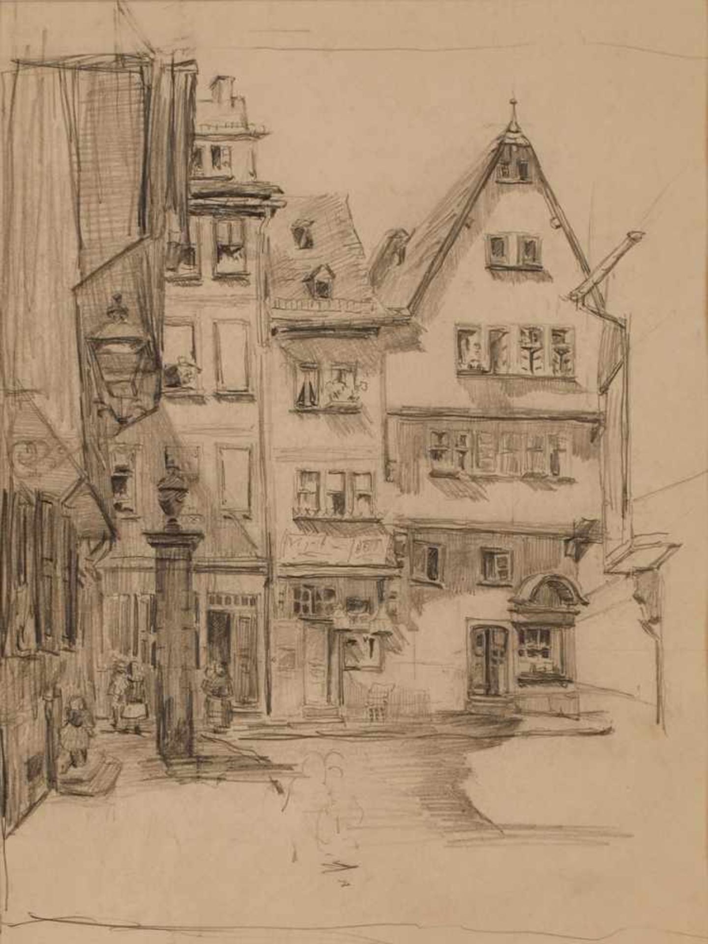 Bleistiftzeichnung Franziska Redelsheimer1873 Nürnberg -1913 Edenkoben "Frankfurter Altstadt"