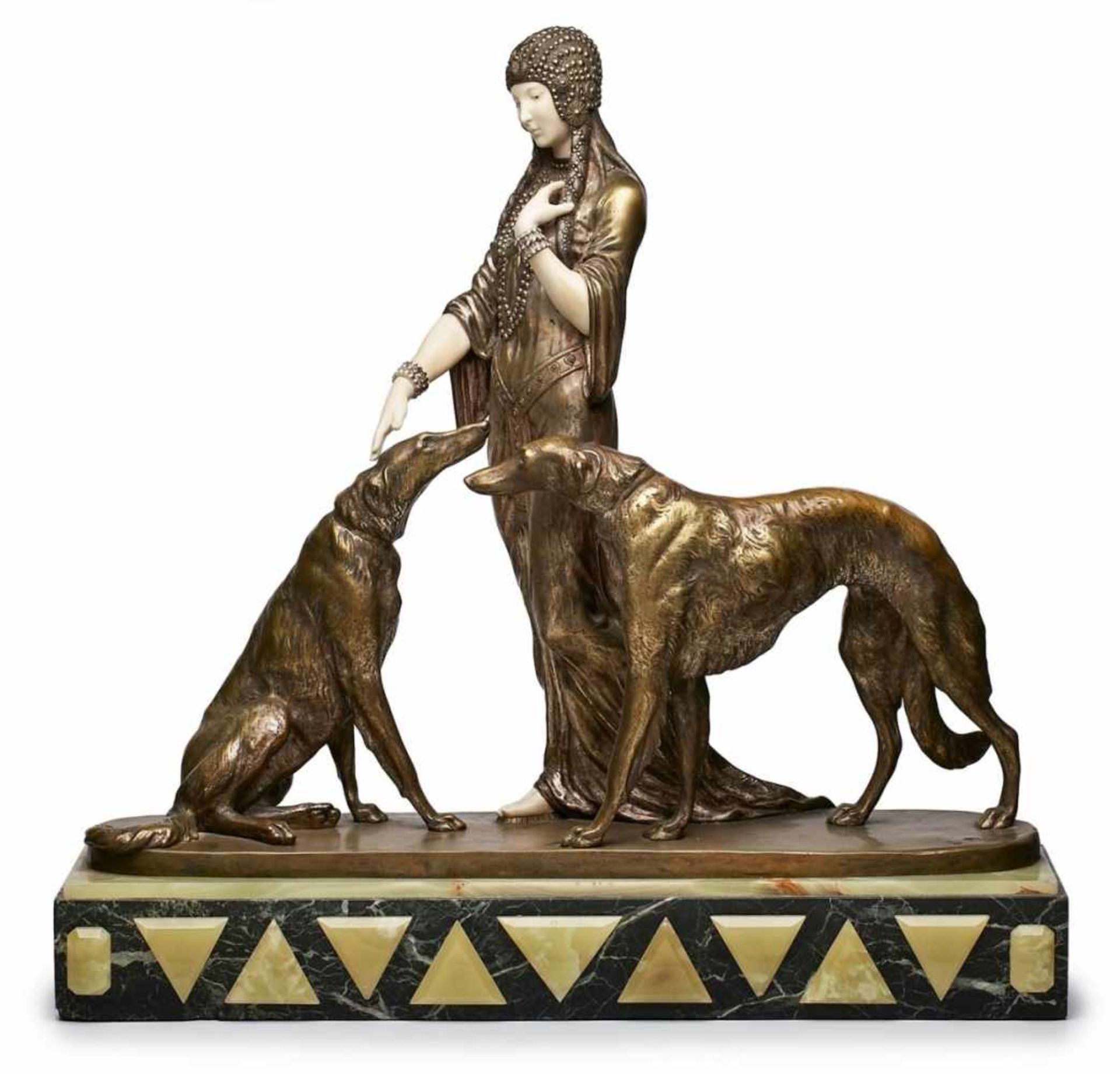 Gr. Art-Déco Bronze Louis Riché(Frankreich, 1877 - 1949) Dame mit zwei Windspielen, Art Deco,