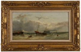 Gemälde Englischer Marinemaler 19 Jh."Küstenszene mit anlandenden Booten" u. li. Restsignatur Öl/