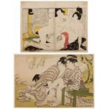 2 Farbholzschnitte Utamaro Kitawaga1753 - 1806 "Shunga" 21 x 26,4 und 21,5 x 31,8 cm, o. R.