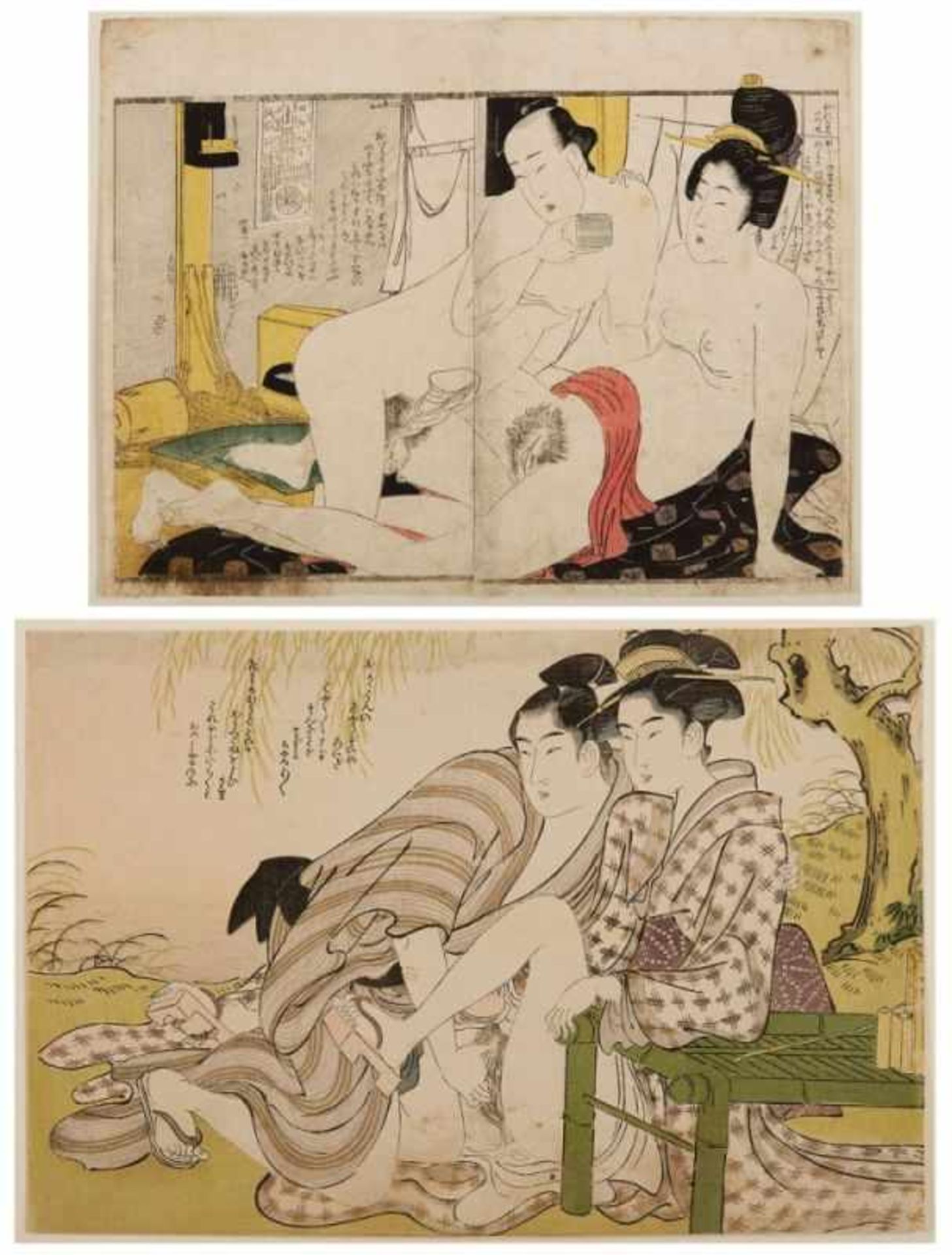 2 Farbholzschnitte Utamaro Kitawaga1753 - 1806 "Shunga" 21 x 26,4 und 21,5 x 31,8 cm, o. R.