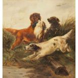 DEUTSCHER MEISTER um 1900 Jagdhunde Öl auf Leinwand, signiert unten links, 75 x 70 cm, Rahmen, (