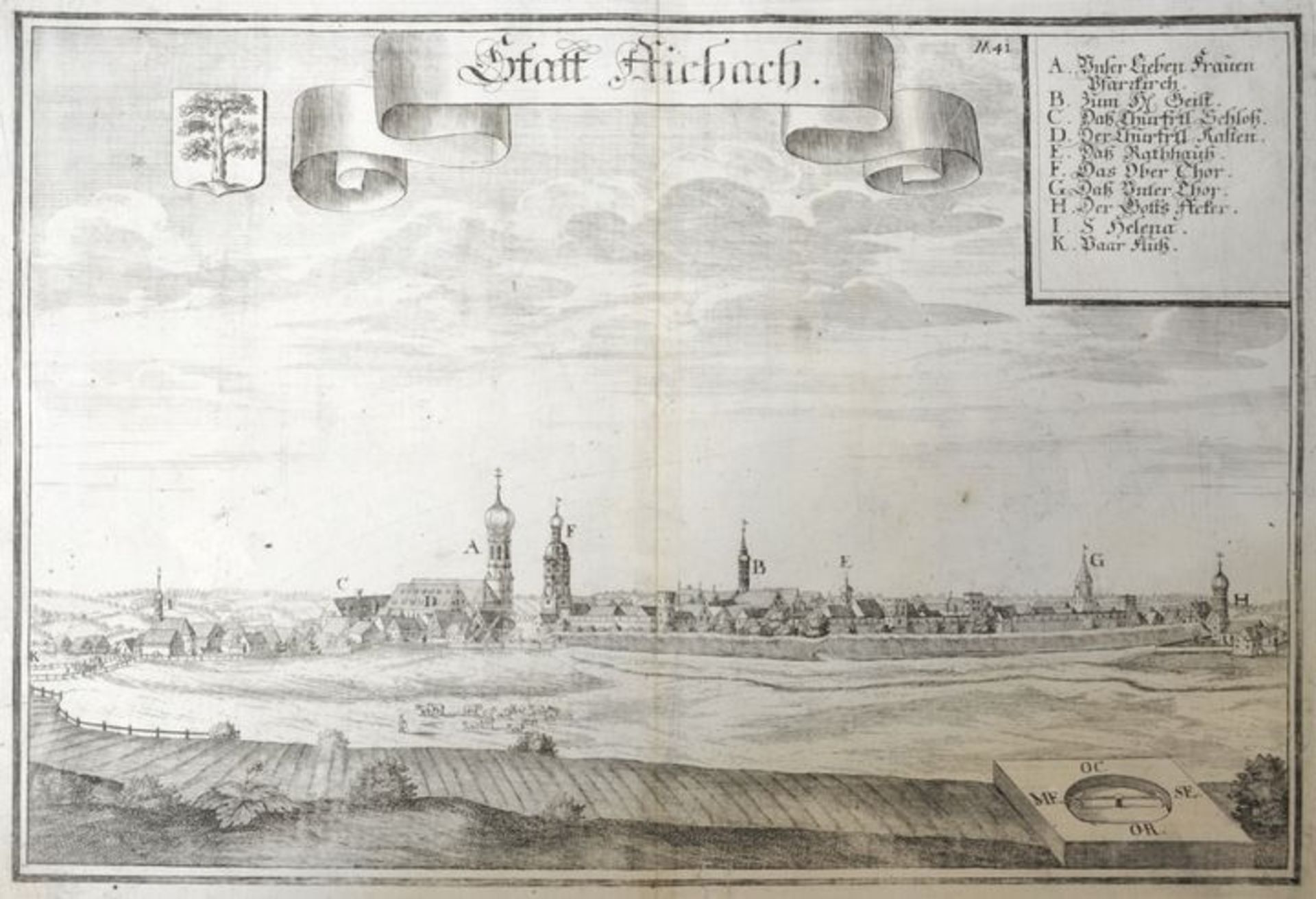 Aichach. Ansicht. "Statt Aichhach." Kupferstich, erste Hälfte des 18. Jahrh. 26,5 x 35 cm (Pl), 30 x
