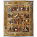 Feiertags-Ikone, Russland, 19. Jh. Eitempera auf Goldgrund auf Holz. Im Zentrum Darstellung der
