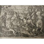 Hirschjagd. Zwei Darstellungen. a) Kupferstich von Galle nach Stradanus (Jan van der Straet), 17.