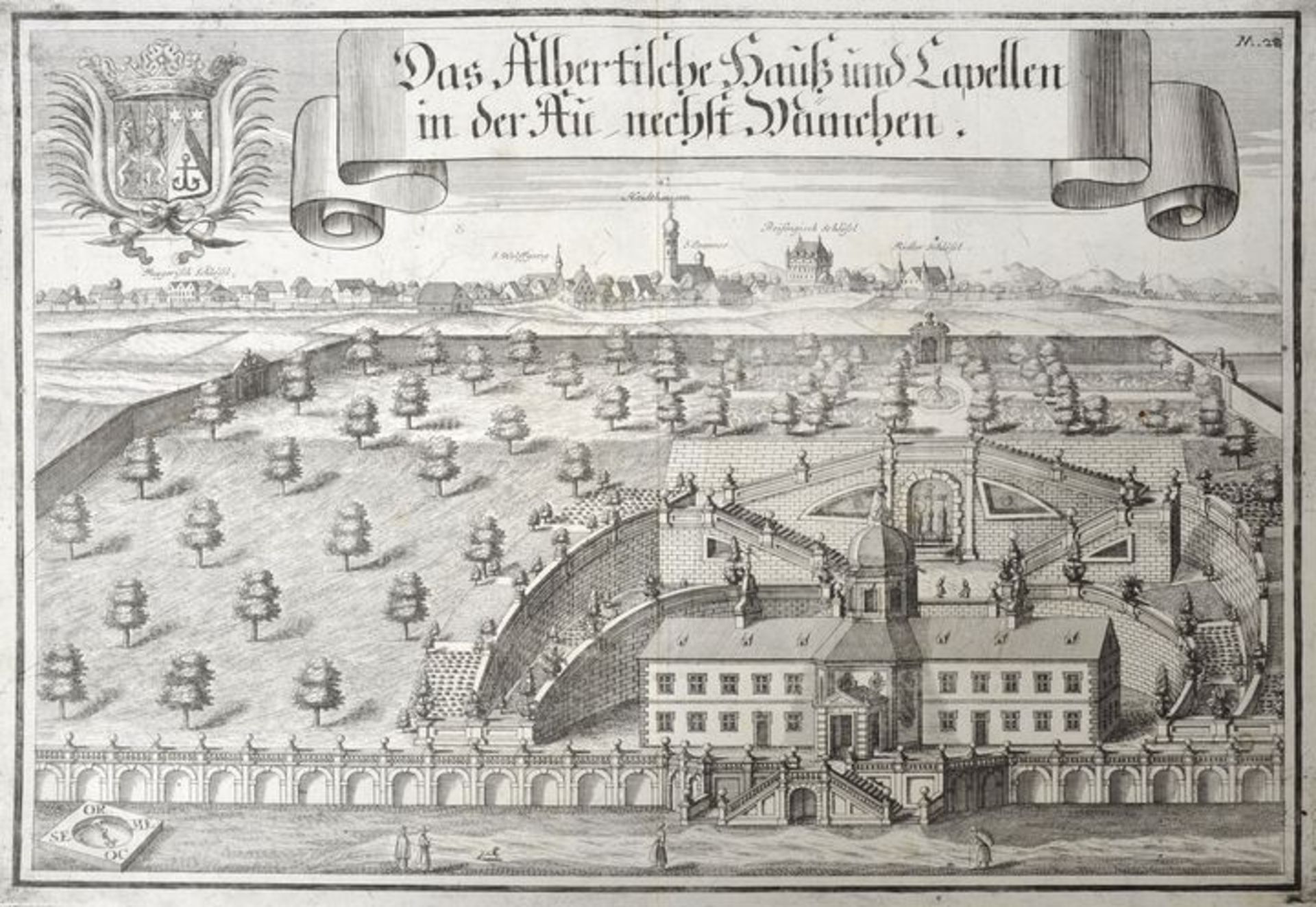 München. Ansicht. "Das Albertische Hauß und Capellen in der Au, nechst München." Kupferstich,