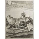 Hessen. Drei Ansichten. a) "Ludwigstein". Kupferstich von Merian, 1646. 10,0 x 7,4 cm (Darstellung),