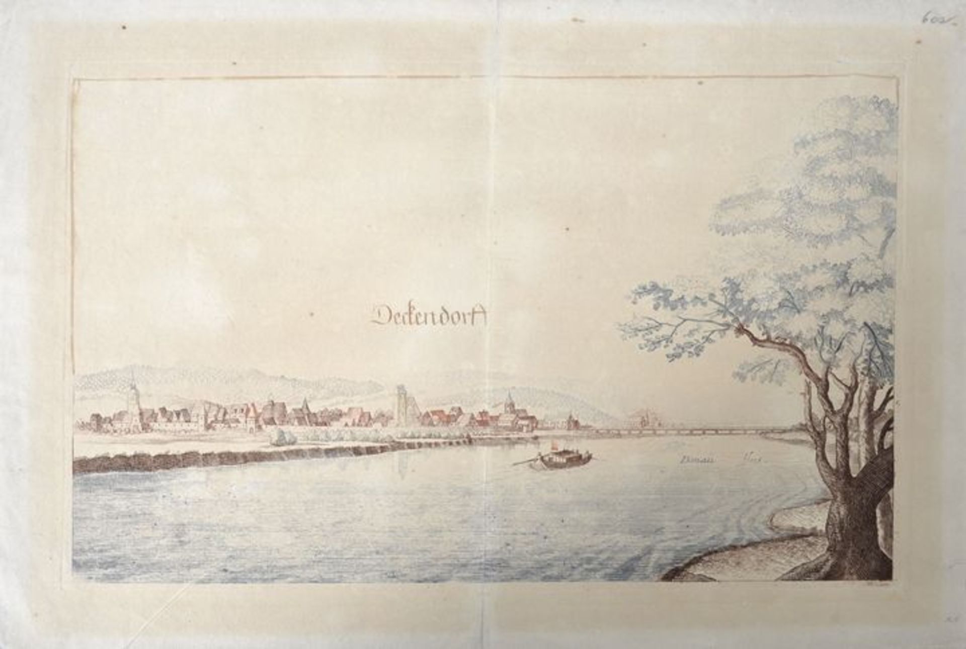 Deggendorf. Ansicht. "Deckendorf". Kupferstich in drei Farben. Wohl 18. Jahrhundert. 19,1 x 30,1