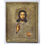 Ikone, russisch, um 1900 (?) Christus Pantokrator. Temperamalerei (oder Druck) auf Holz,