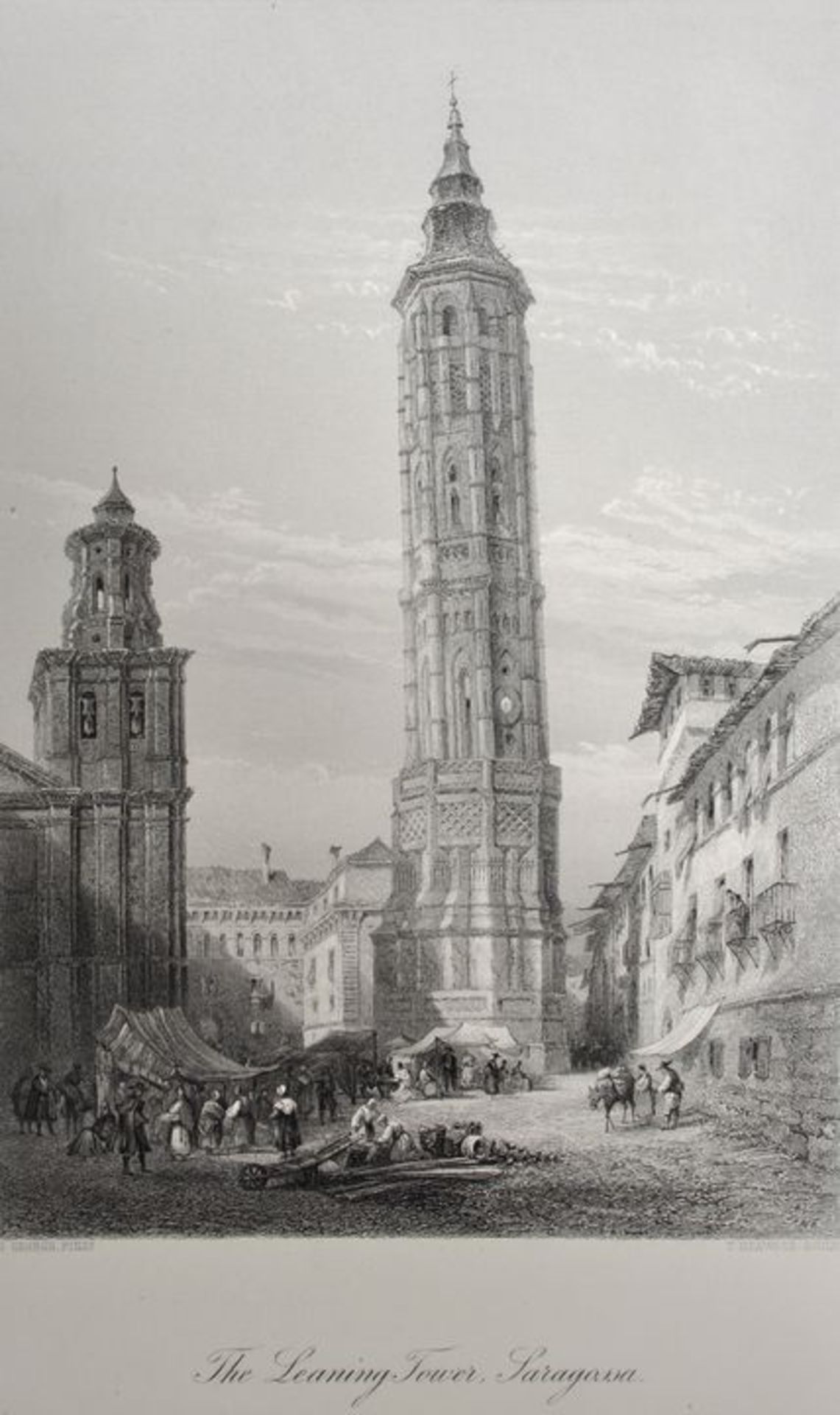 Saragossa. Zwei Darstellungen des Turms. a) "The leaning Tower, Saragossa". Stahlstich von George/
