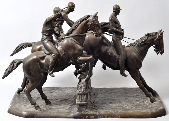 Bonheur, Isidore Jules. 1827-1901 Bordeaux Reitergruppe Steeplechase-Rennen: 3 Pferde beim