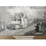 Dampfwagen. Zwei Darstellungen. a) "Der Dampfwagen von London nach Birmingham". Lithographie um