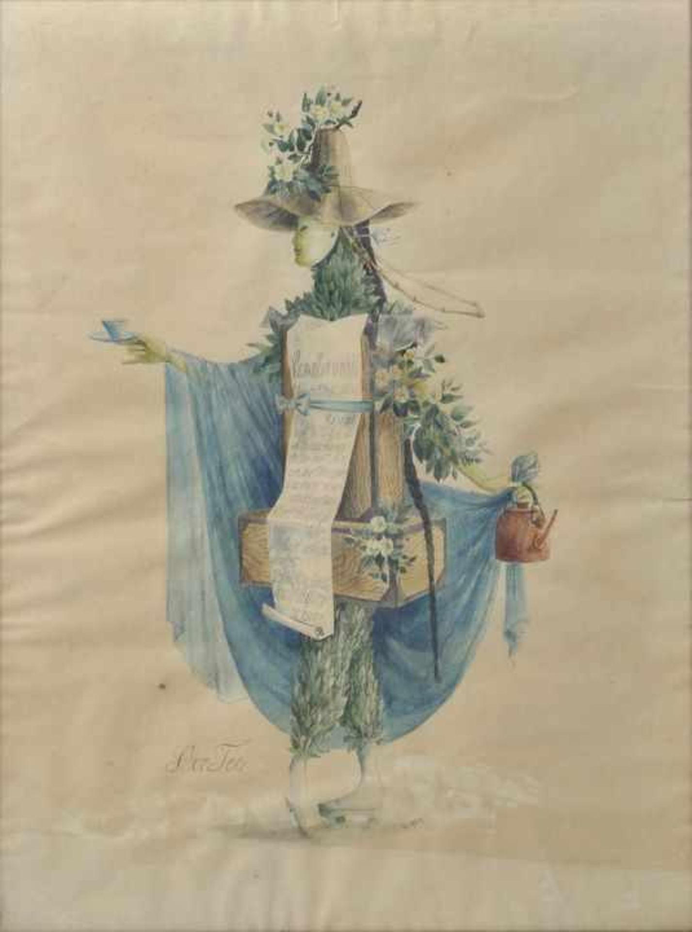 Blumen/ Tee. 3 Darst. gerahmt. a) Bukett von Sommerblumen im Korb. Kupferstich, (nachträgl.) kol.,