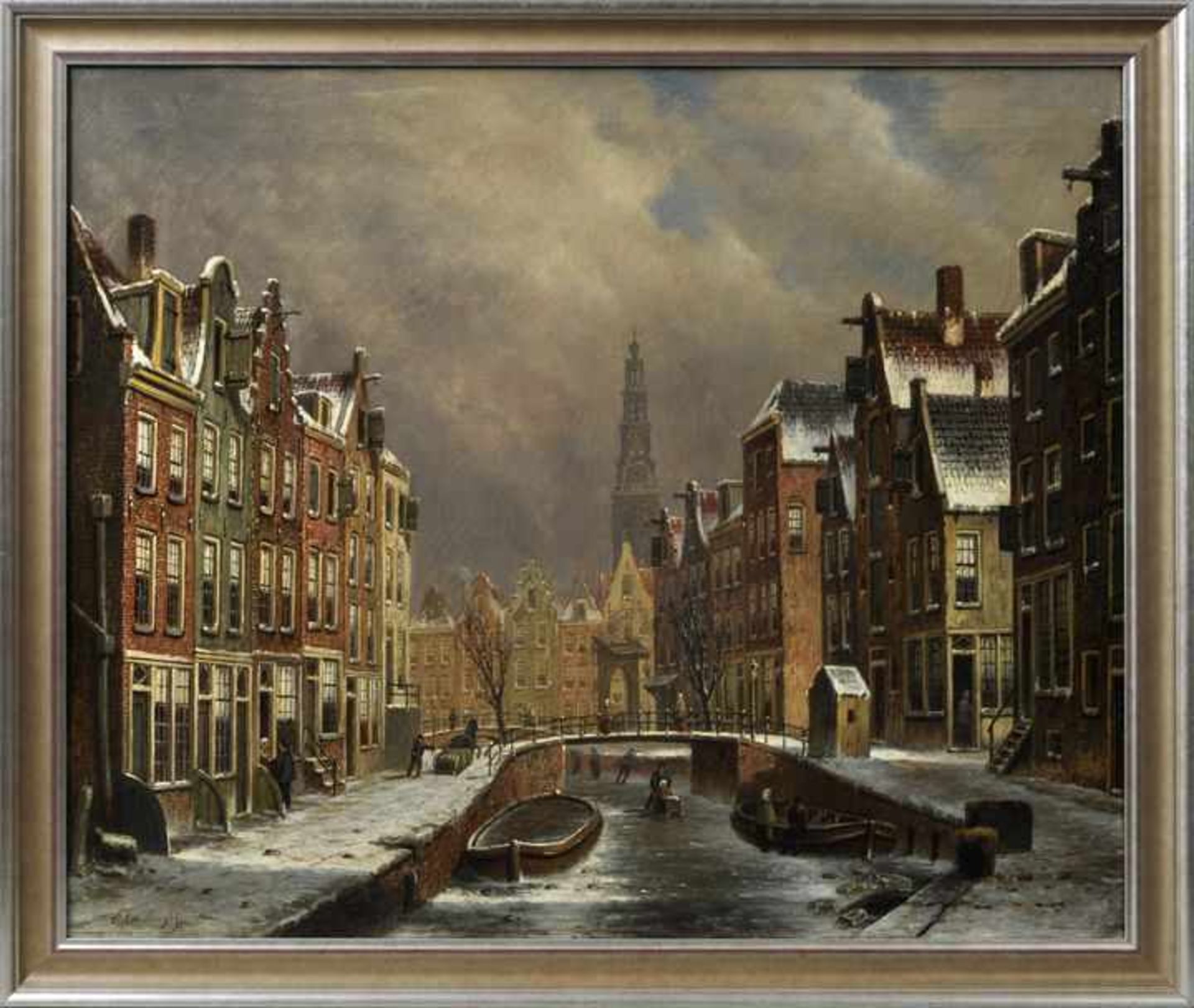 de Jongh, Oene Romkes. 1812 Makkum-1896 Amsterdam Winterliche Gracht in Amsterdam. Öl auf - Bild 2 aus 3