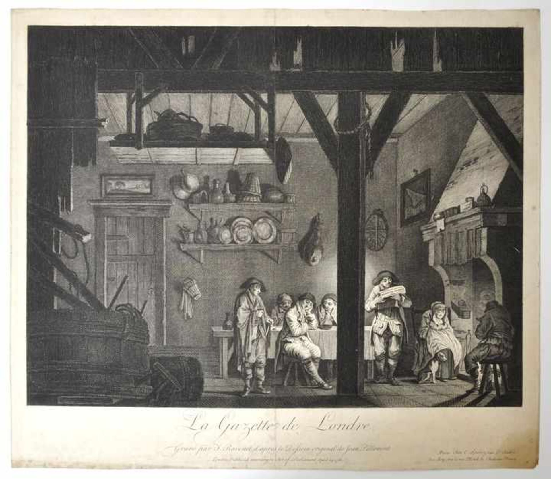 Jean-Baptiste Pillement (1728-1808). "La Gazette de Londre". Kupferstich von F. Ravenet nach dem