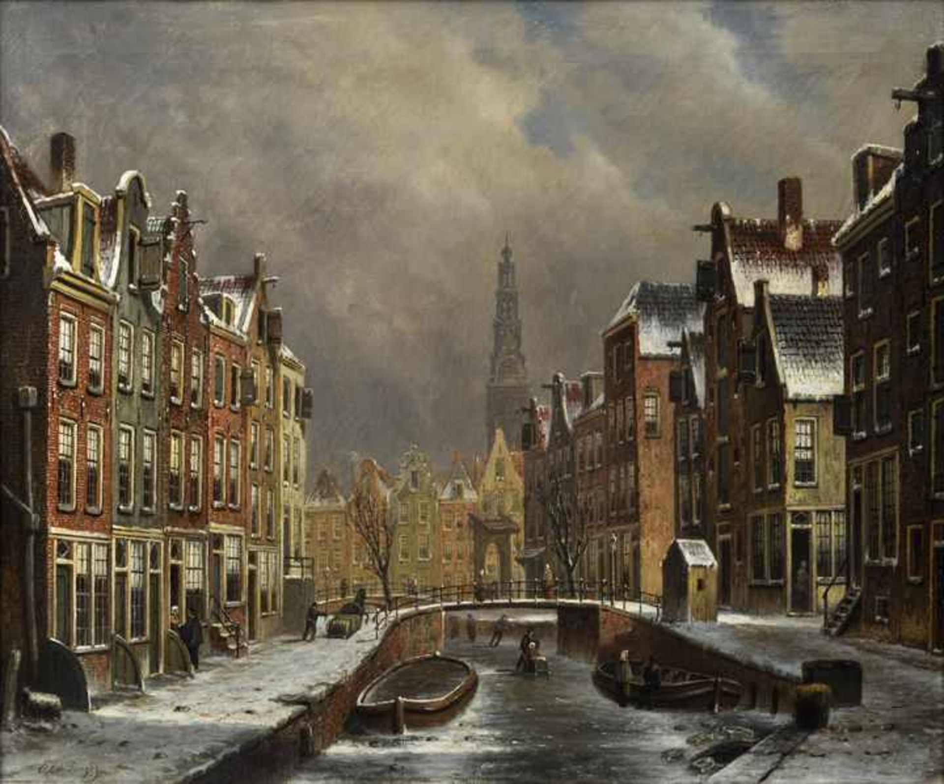 de Jongh, Oene Romkes. 1812 Makkum-1896 Amsterdam Winterliche Gracht in Amsterdam. Öl auf