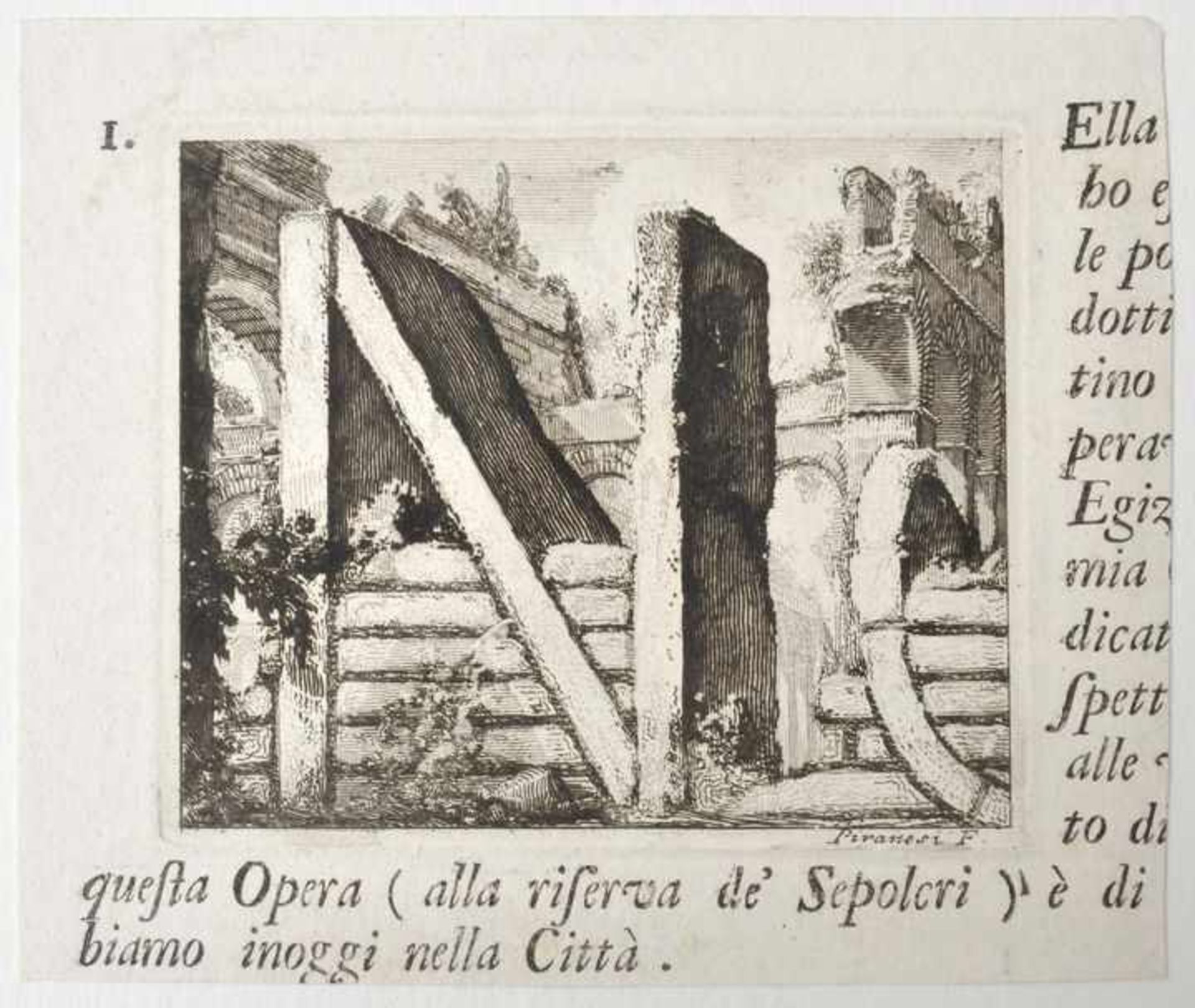 Initiale. Zwei Blatt. a) "N". Majuskel in antiker Architektur. Stich / Radierung von Giovanni - Bild 2 aus 2
