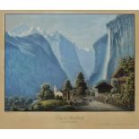 Ansichten aus der Schweiz, 2 Bll. gerahmt Staubbachfall bei Lauterbrunnen, Interlaken gegen das