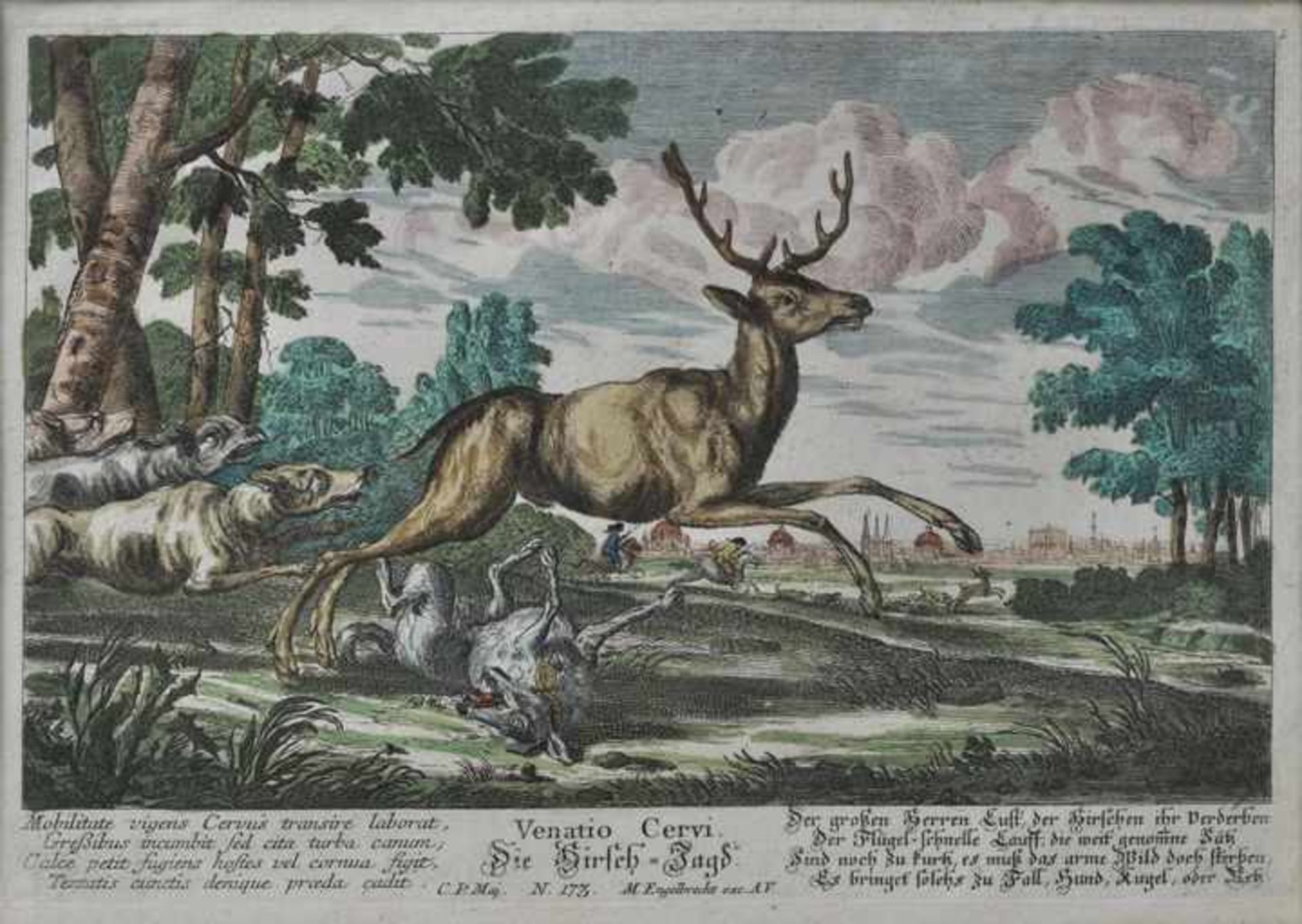 Jagddarstellungen, 2 Bll. gerahmt Aus dem Verlag Martin Engelbrecht (1684-1757) in Augsburg. a) " - Image 2 of 3