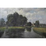 Scheyerer, Joseph. 1844 Berching-1923 München Sommerliche Landschaft mit Angler in Flussaue, in