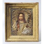 Ikone, 19. Jh./ um 1900 Christus als Salvator Mundi. Tempera auf Holz, versilbertes oder Silberoklad