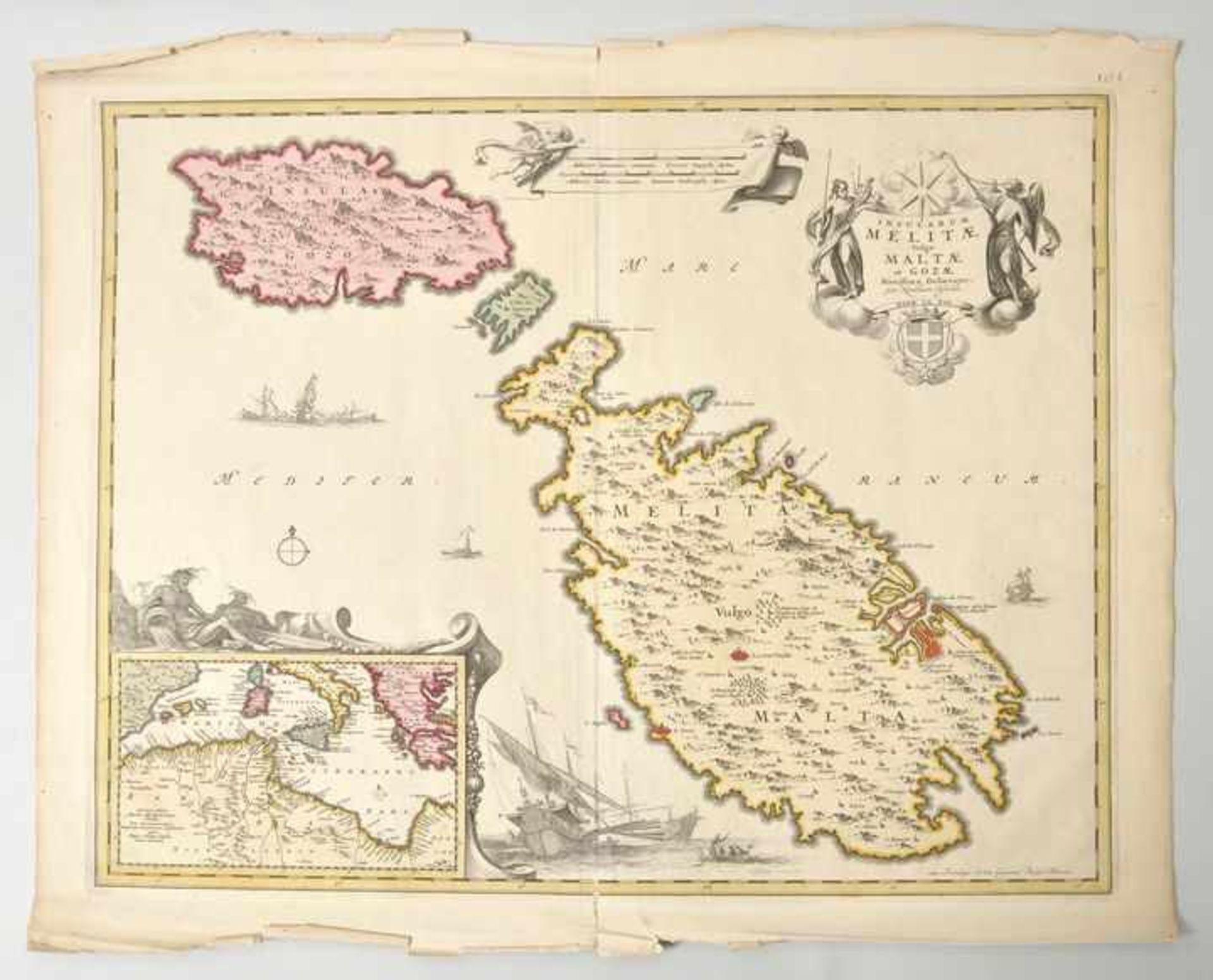 Karte der Mittelmeerinseln Malta und Gozo "Insularum Melitae vulgo Maltae et Gozae (...)",