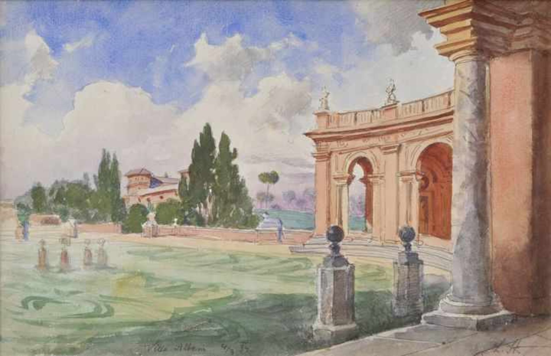 Streitenfeld, Ludwig. 1849 Wien-1930 Eisenach Im Garten der Villa Albani (Rom). 1884. Aquarell,