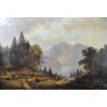 Unbekannter Landschaftsmaler, Mitte 19. Jh. Alpenlandschaft: Bergmassiv mit See, im Vordergrund