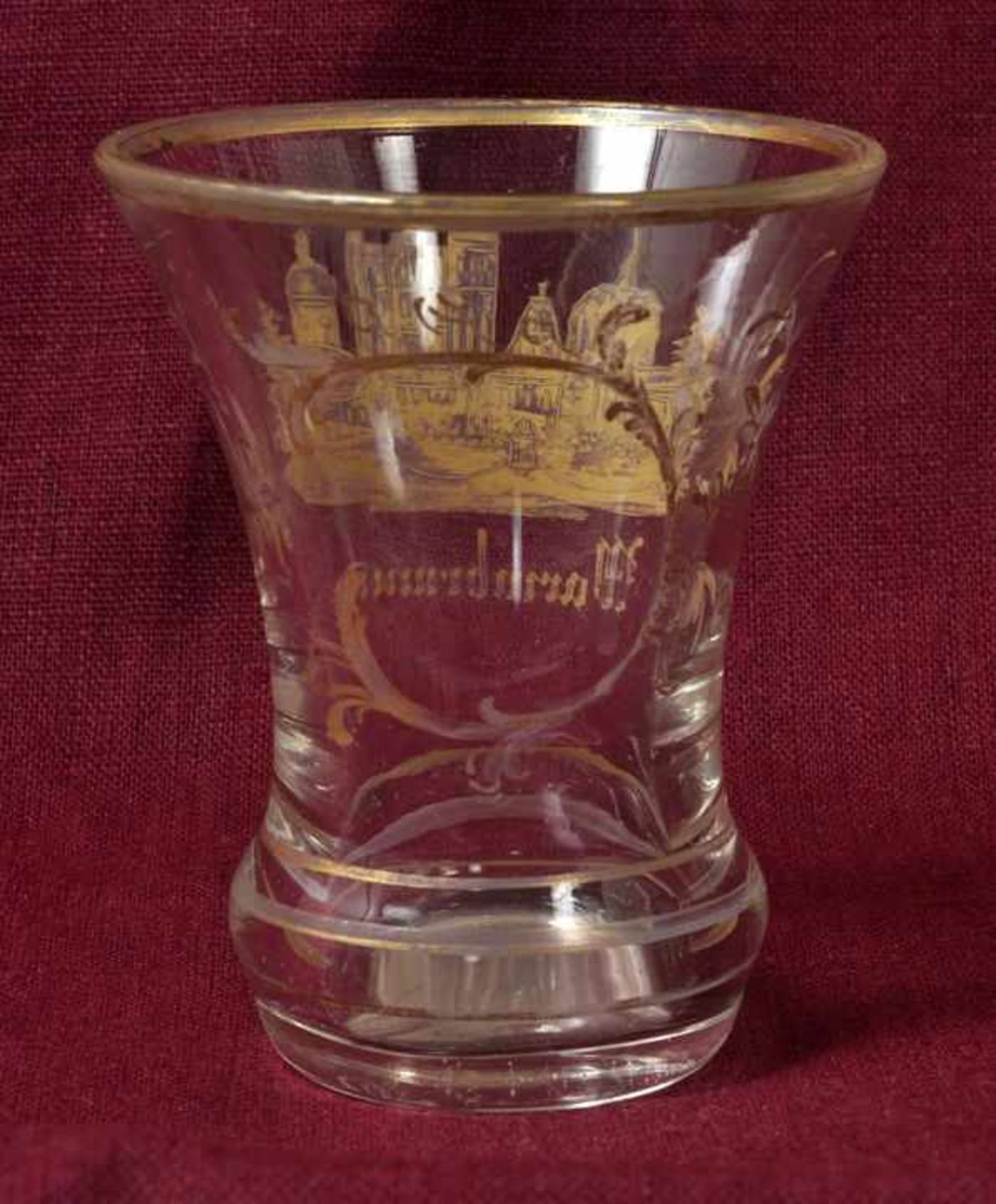 Andenkenglas, Schlesien, Mitte/ 2. H. 19. Jh. Farbloses Glas, in vergoldetem Mattschnitt eine - Image 2 of 2