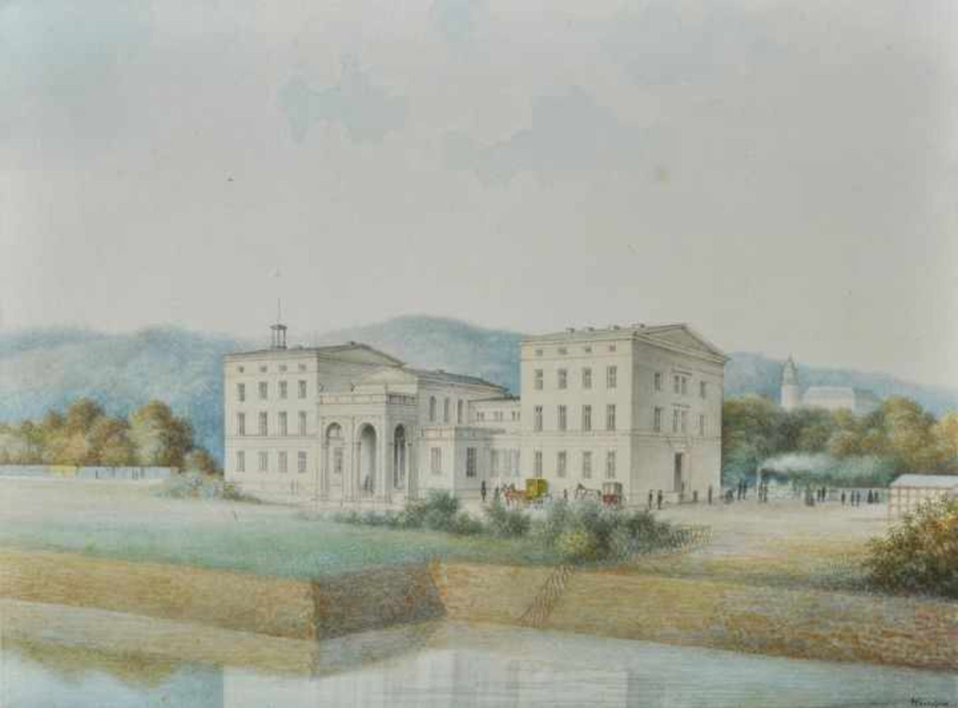 Kruspe, Heinrich. 1821-1893 Erfurt Ansicht einer klassizistischen Villa, im Hintergrund Schloss.