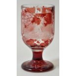 Kelchglas, Böhmen, dat. 1863 Farbloses Glas, partiell rot gebeizt. Auf der Kuppa drei oktogonale