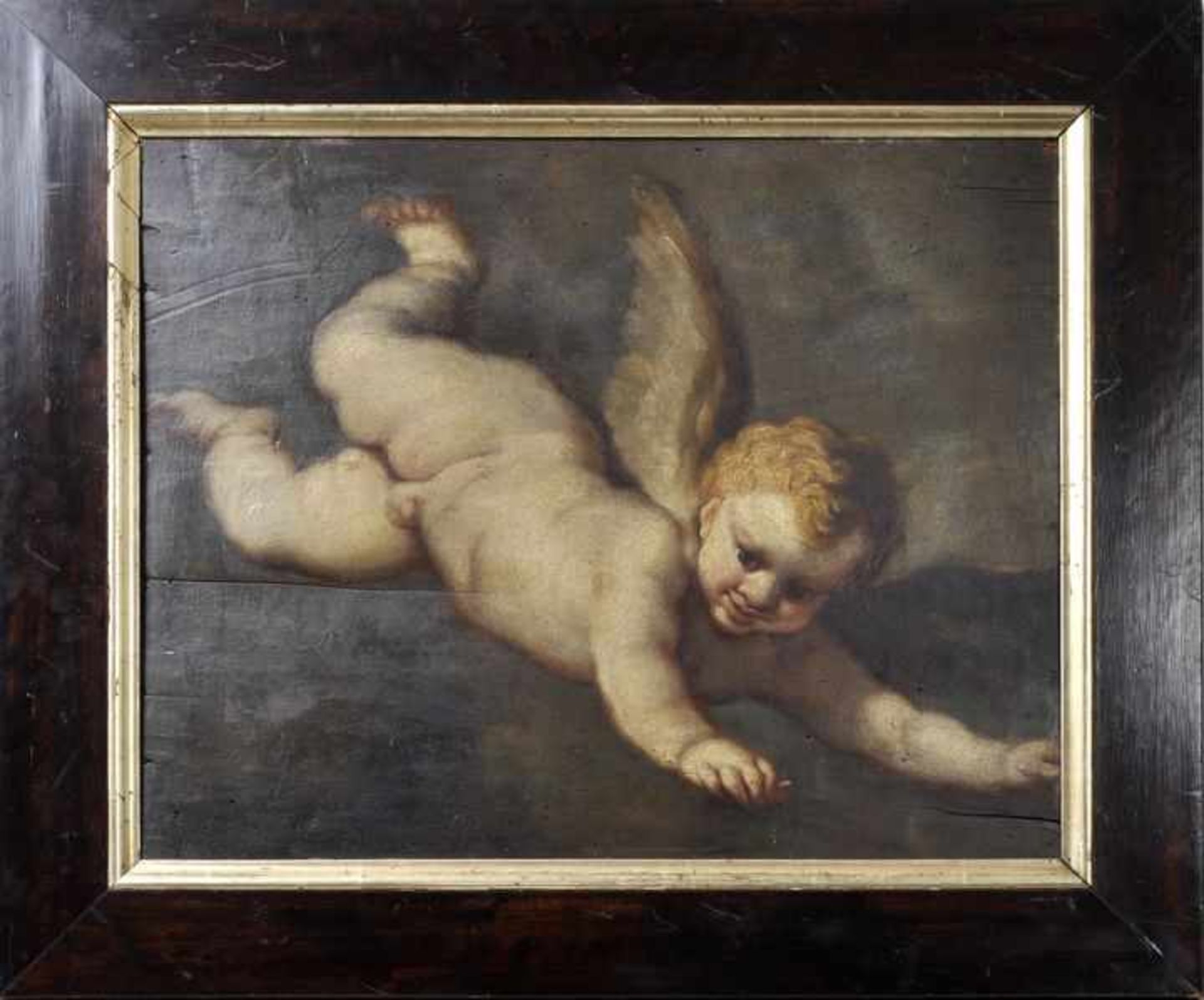 Allegri, Pomponio. 1521 Corregio-nach 1590 tätig in Parma Fliegender Putto. Öl auf Holztafel, - Bild 2 aus 2