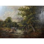 Foster, W. Tätig 2. H. 19. Jh. England Landschaft (Schottland?) mit Angler im Gebirgsfluss. 1864. Öl