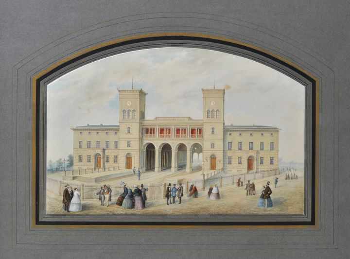 Kruspe, Heinrich. 1821 Erfurt-1893 ebd., zugeschr. Der Thüringer Bahnhof in Leipzig. Aquarell um