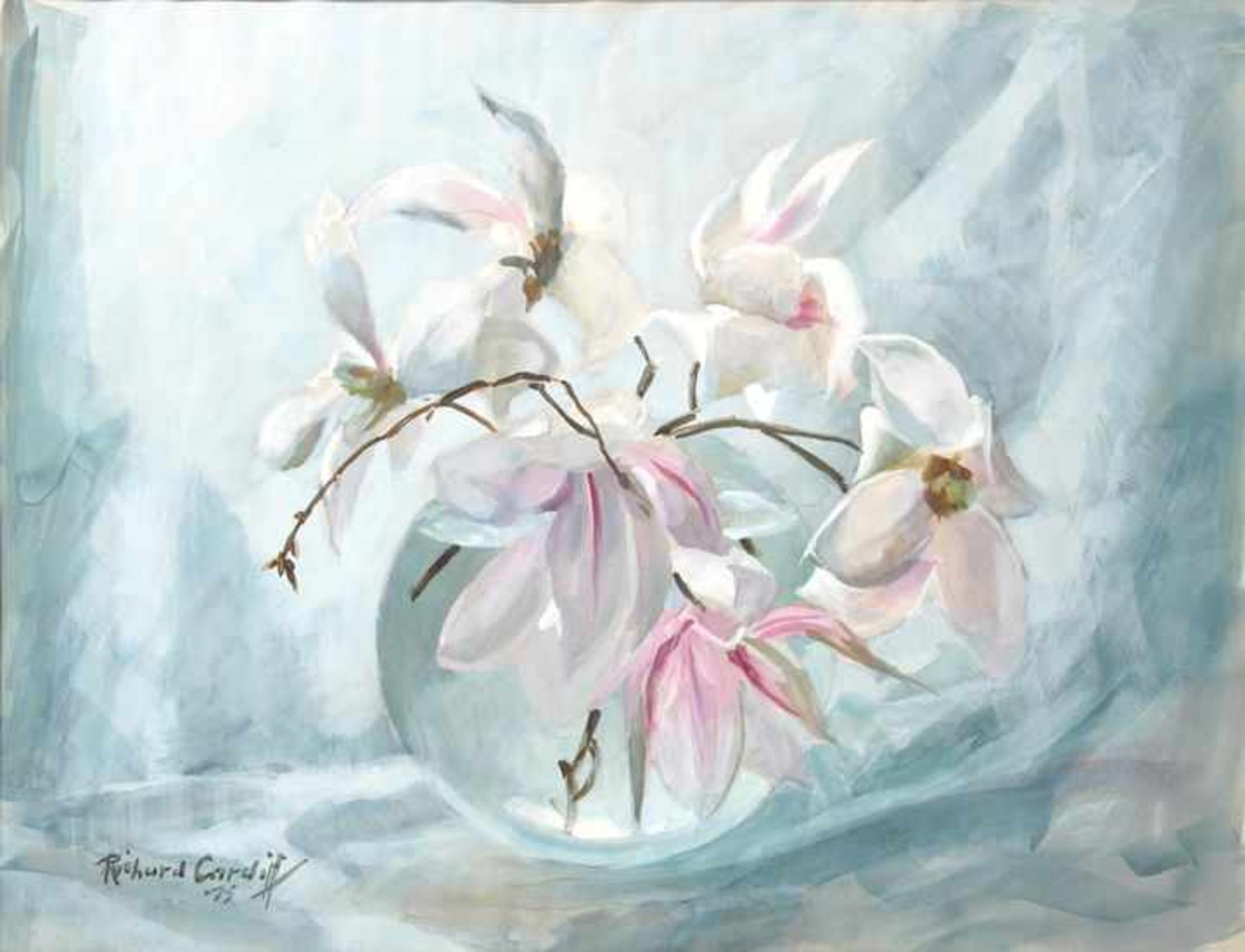 Cardiff, Richard Stillleben mit Magnolien in Glasvase. 1975. Aquarell, sign. und dat., ca. 38 x 48