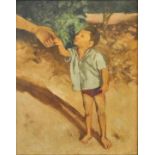 Unbek., wohl indischer Künstler, 2. H. 20. Jh.Kleiner Junge an elterlicher Hand. Öl auf Leinwand, 61
