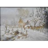 Mühlig, Albert. Dresden 1862 - 1909Winterlandschaft mit Fachwerkhof am Flüsschen. Gouache, li. u.