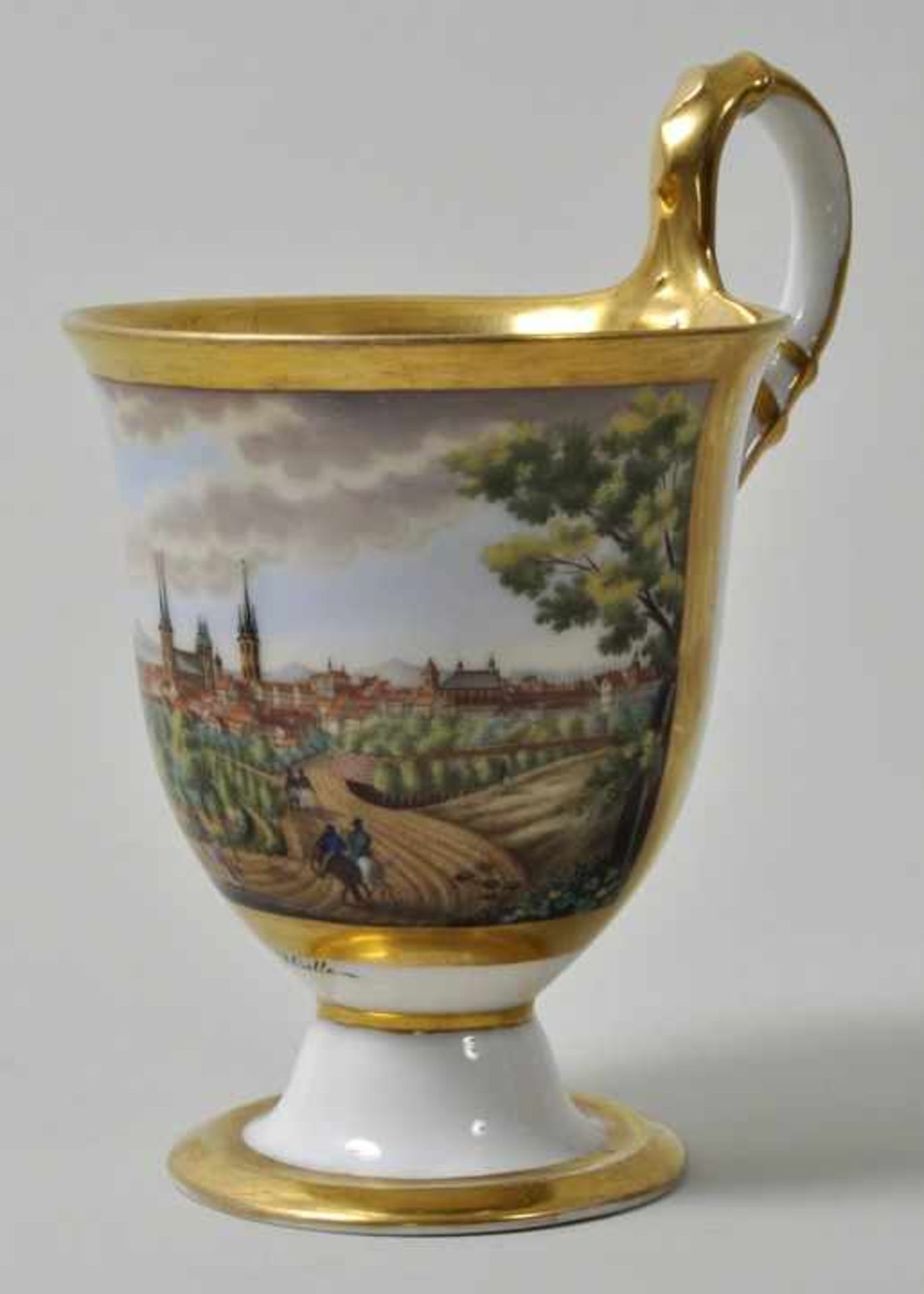 Tasse mit Untertasse mit Ansichten von Halle/ Saale, Berlin, KPM, dat. 1833Porzellan, reiche - Image 3 of 4