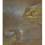 undeutl. sign., vermutl. indischer Künstler, 2. H. 20. Jh.Frosch und Fliege. Öl auf Leinwand (?),