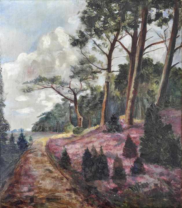 Schuch, Curt. Tätig Anf. 20. Jh. in LeipzigLandschaft am Waldrand mit blühendem Heidekraut. 1928. Öl