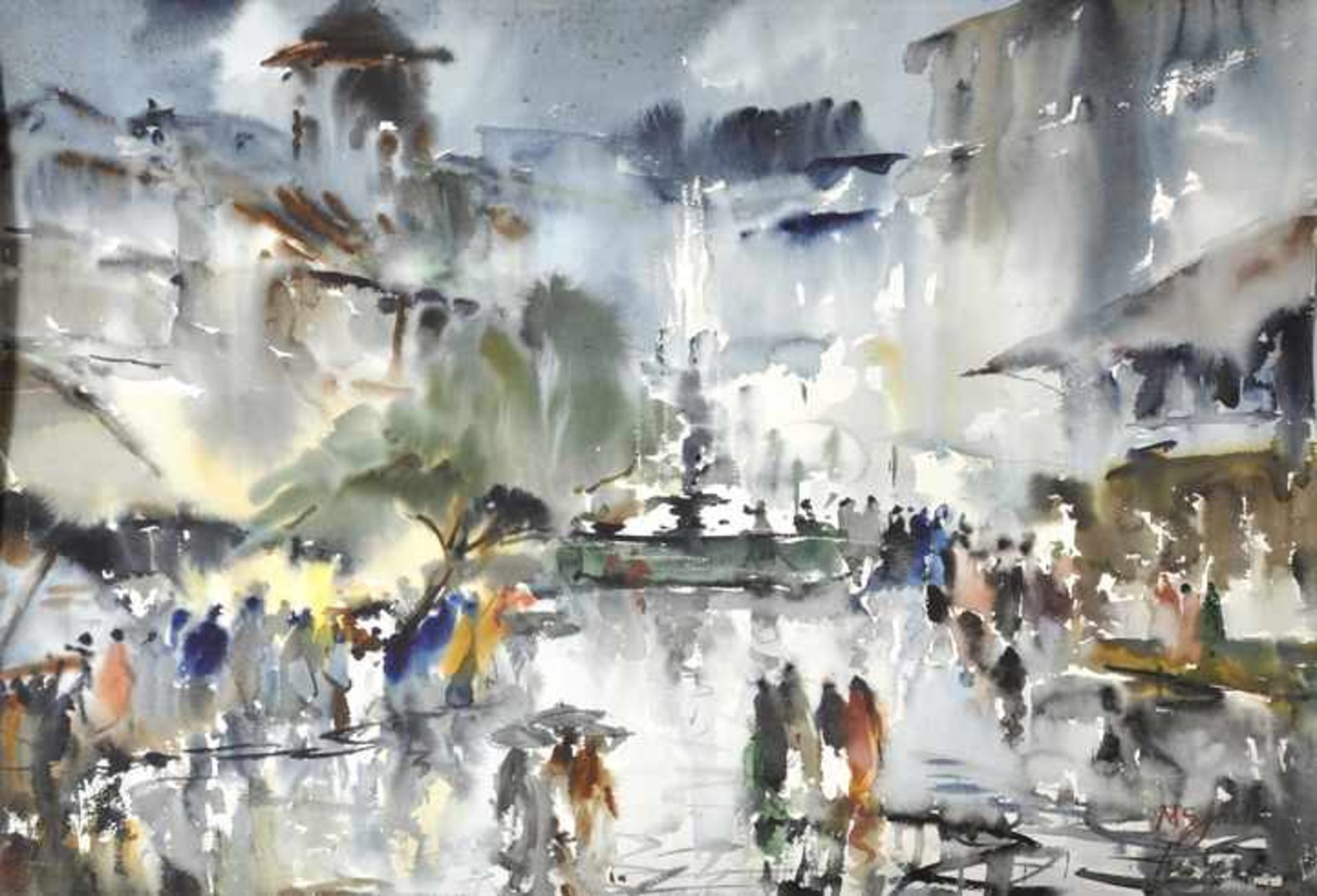 Joshi, Murlidhar Sadashiv. Geb. 1912 Sinnar (Nasik)-2001 Girgaon MumbaiRegentag in Bombay. Aquarell,